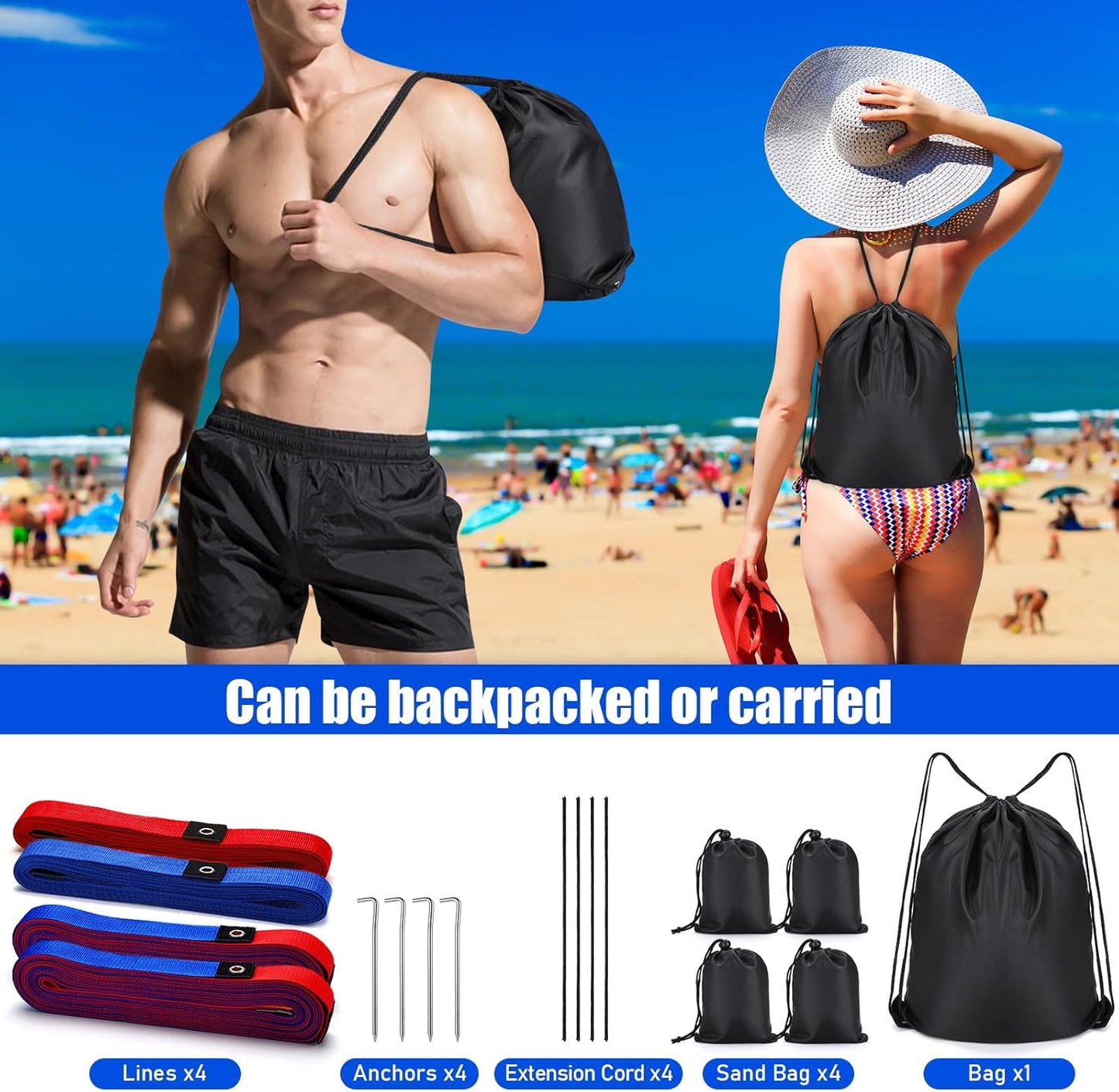 TOBWOLF 26.3' x 52.6' Beach Volleyball Lines, Volleyball Court Lines with Metal Anchors & SandBags,Highly Visible Marking Sand Lines with Metal Anchors & SandBags for Sand Outdoor Grass Backyard