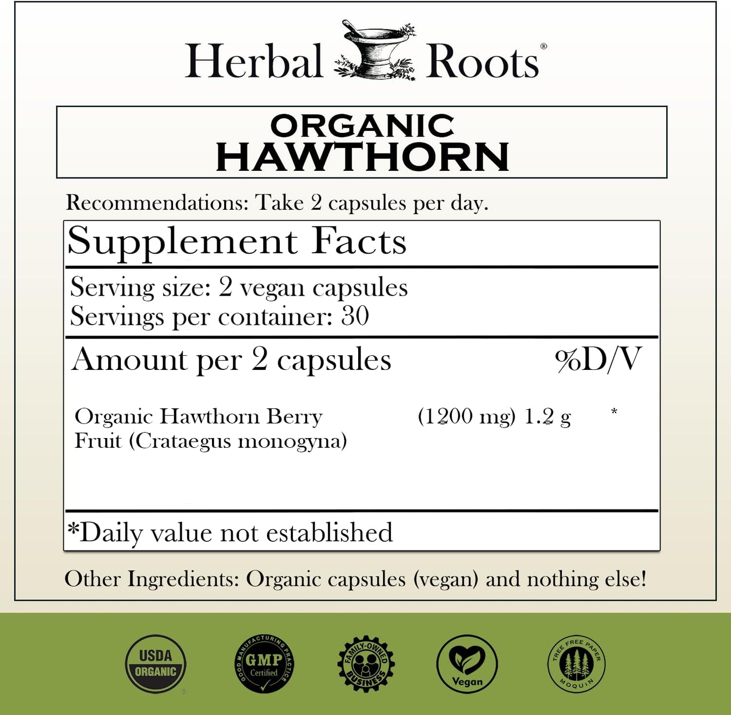 Herbal Roots Organic Hawthorn Berry Capsules | Extra Strength 1,200mg per Serving | 60 Vegan Capsules