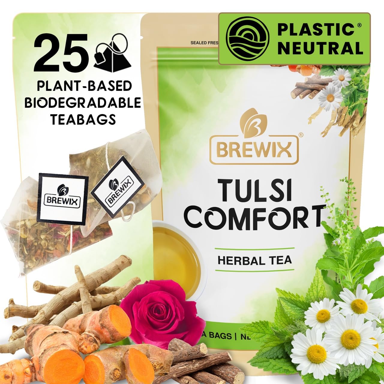BREWIX, Tulsi Holy Basil Tea Bags (25 Pyramid Bags) | Tulsi Leaves | Holy Basil & Chamomile | Caffeine Free | Herbal Tea Bags | Calming, Fresh and Cool Flavor