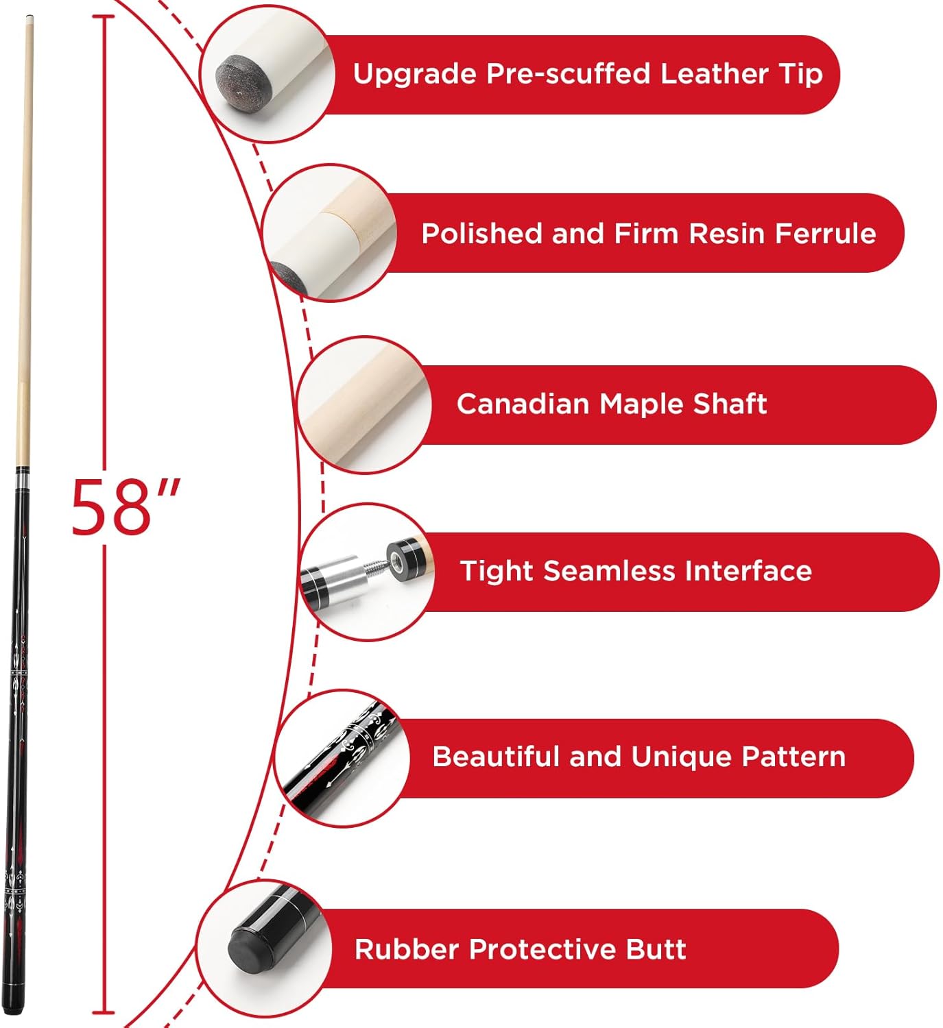 Pool Cue, 58" Billiard Cue Stick 2-Piece 13mm Maple Wood Pool Cue Stick 18 19 20 21oz for Bar House Pool Table Sports