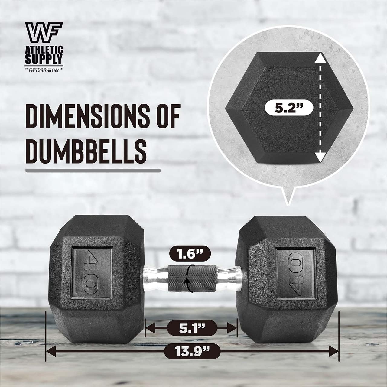 WF Athletic Supply Rubber Encased Hex Dumbbells with Rubber Grip Contoured Handle for Muscle Toning, Strength Building & Full Body Workout