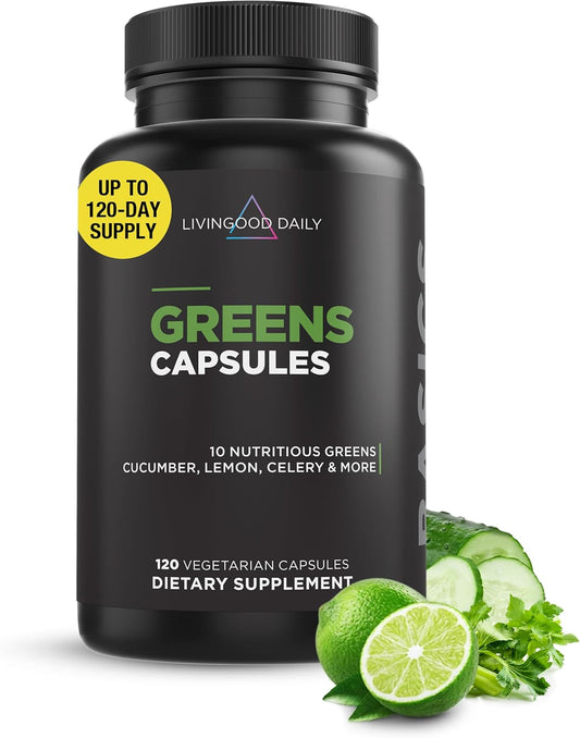 Livingood Daily Greens Capsules, Super Greens Supplement with Spirulina, Chlorella, Broccoli, Spinach, Celery, Lemon & More, Plant Based for Digestion & Gut Health, Non GMO, Vegetarian, 120 Ct