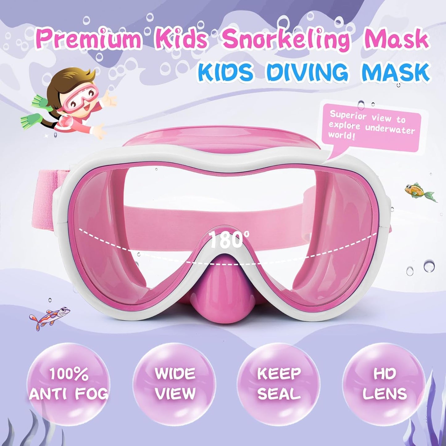 Kids Swim Goggles 180° Snorkel Diving Mask with Nose Cover, Anti-Fog Kids Swimming Goggles with Elastic Fabric Strap for Kids Boys Girls