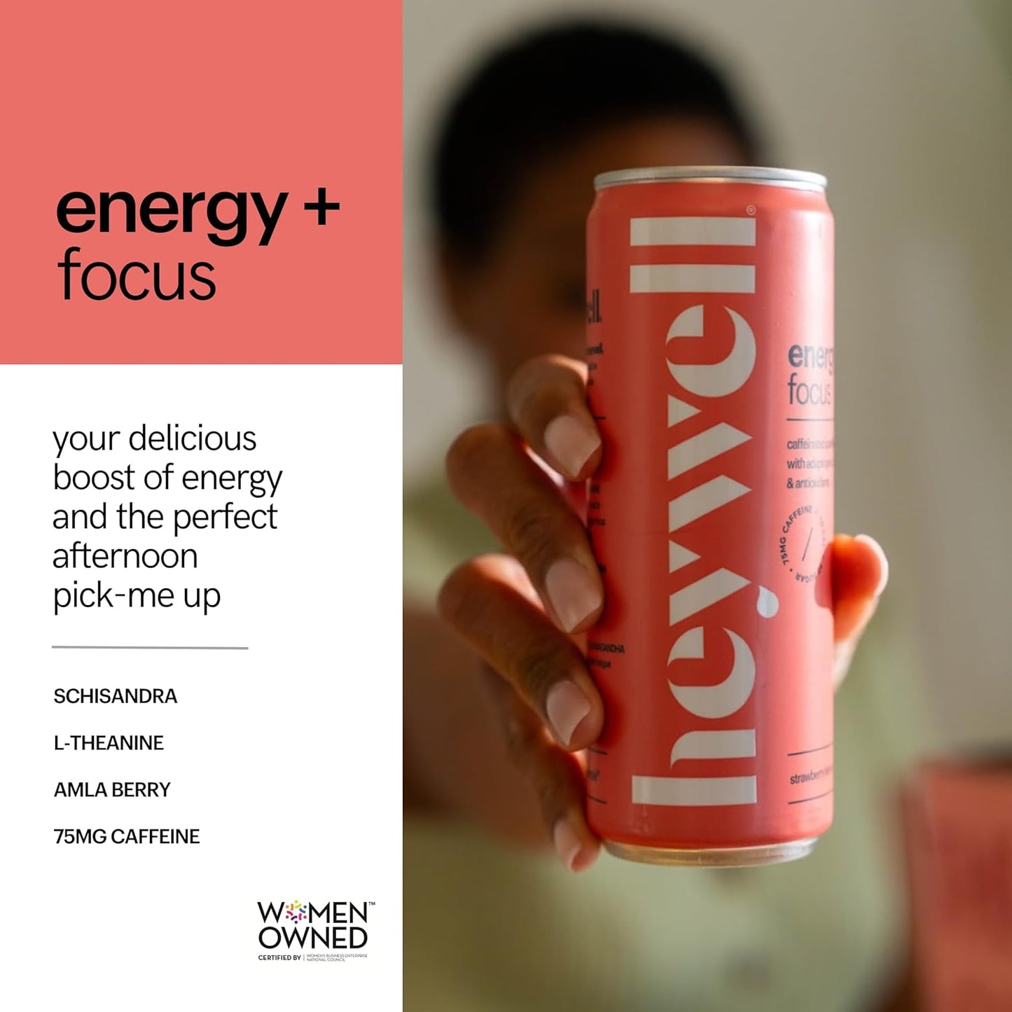 Heywell Sparkling Adaptogenic Water Energy and Focus, Strawberry Lemon Flavor 12 Fluid Ounce (Pack of 12) - Caffeinated, Organic, Non GMO, Vegan, Gluten Free, Dairy Free