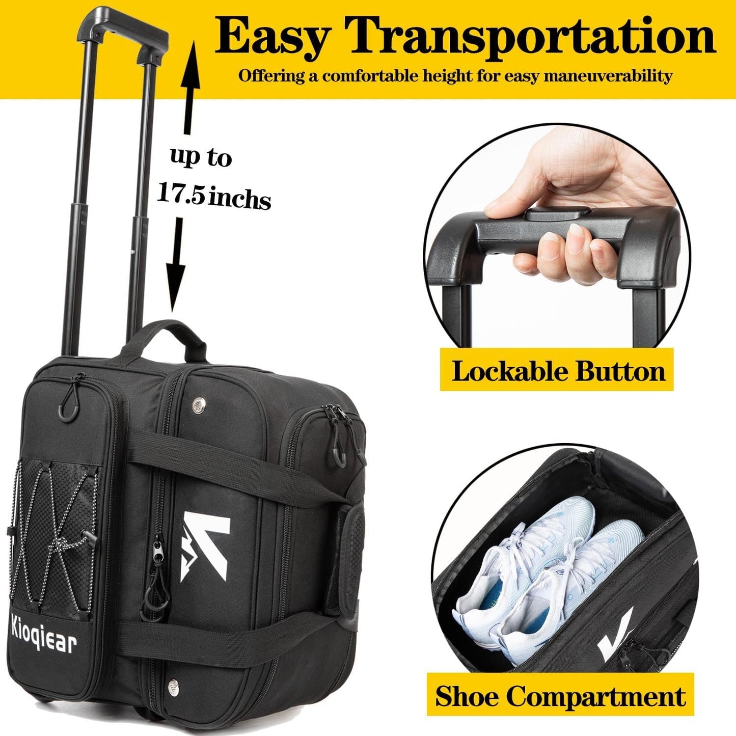Double Roller 2 Ball Bowling Bag with Large Separate Shoe Compartment and Oversized Accessory Pocket, 36" Extendable Handle.