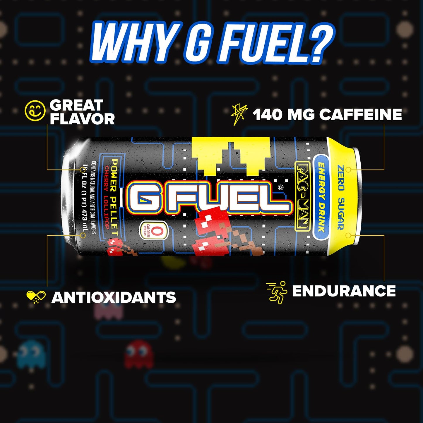G Fuel Energy Drink, Cherry Lollipop, Sugar Free Beverage with 140mg Caffeine, Daily Energy Boost with Focus Amino, Vitamin + Antioxidants, 16 oz Cans (Pac-Man Power Pellet, 12-Pack)