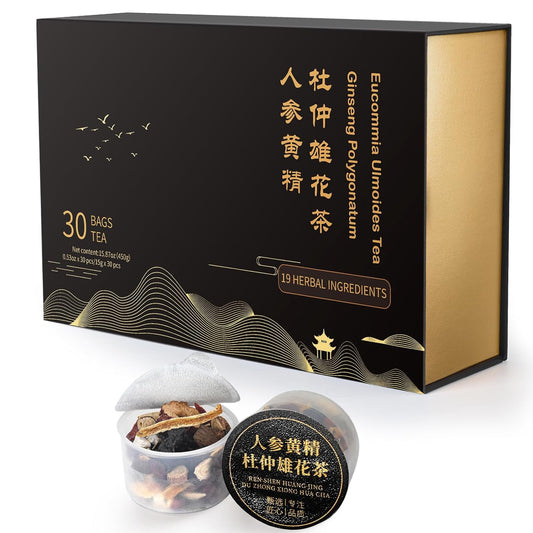 Ginseng Polygonatum Eucommia Male Flower Tea, Natural Traditional Chinese Kidney Support Blend Kidney Cleanse Detox Tea for Men Women, 19 Precious Herbal Ingredients（30 Cans/1 Box)