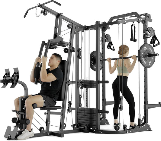 GMWD SmithΔ Machine Power Cage, Multi-Function Home Gym System with Cable Crossover System, Dual-Sided Workout Station with 121LBS Weight Stack, Power Rack, Functional Trainer, All in One Home Gym