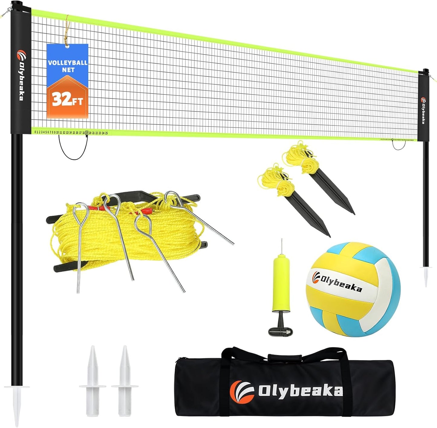 Portable Outdoor Volleyball Net Set for Backyard Beach with Adjustable Poles, Soft PU Volleyball & Pump, Carry Bag and Durable Anti-Sagging Net