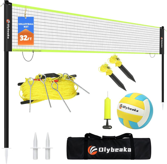Portable Outdoor Volleyball Net Set for Backyard Beach with Adjustable Poles, Soft PU Volleyball & Pump, Carry Bag and Durable Anti-Sagging Net