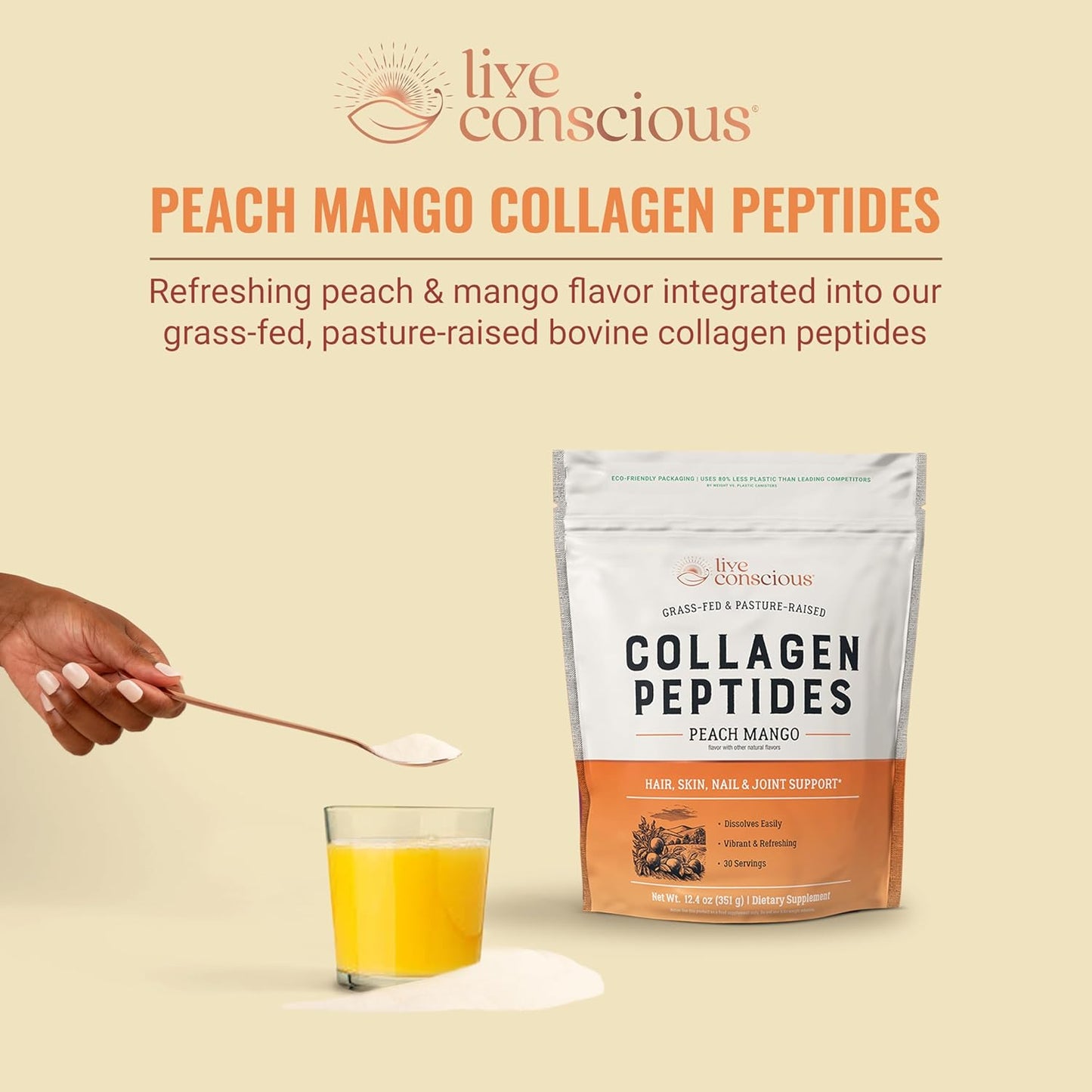 Live Conscious Collagen Peptides Powder - Peach Mango Flavored Collagen Powder - Hair, Skin, Nail, & Joint Support - Type I & III Grass-Fed Collagen Supplements for Women and Men - 30 Serving - 12.4oz