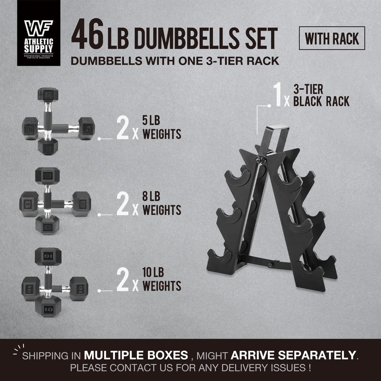 WF Athletic Supply Rubber Encased Hex Dumbbells with Rubber Grip Contoured Handle for Muscle Toning, Strength Building & Full Body Workout