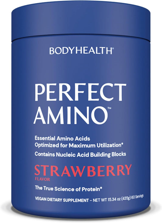 BodyHealth PerfectAmino Powder - BCAA and EAA Powder for Pre and Post Workout - Amino Acid Energy Drink for Men and Women to Support Lean Muscle and Recovery - Strawberry - 120 Servings