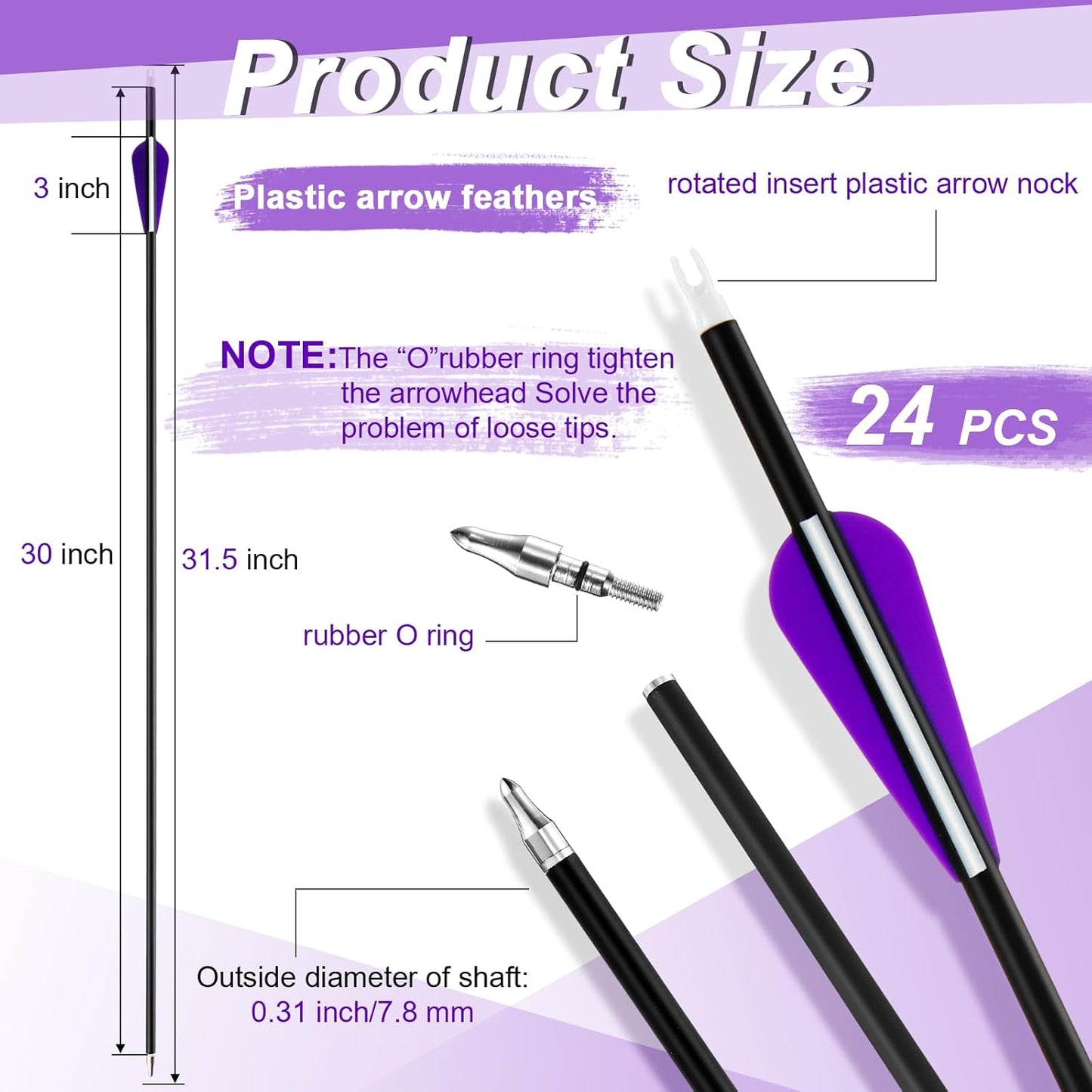 24 Pcs 31.5 Inch Arrows for Compound Bow Hunting Arrows Carbon Arrows with 3 Inch Plastic Arrow Feathers and Removable Tips 500-600 Spine Archery Target Arrows for Recurve Bow