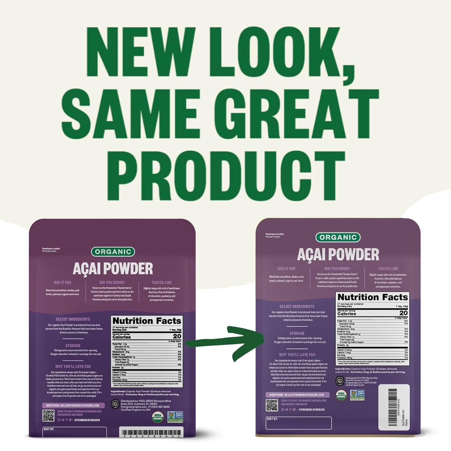 FGO Organic Acai Powder, 4oz Resealable Pouch, Freeze Dried Superfood Berry from Brazil, No Sugar & Additives,Great for Drinks, Smoothie, & Beverages, Non-GMO (Pack of 1)