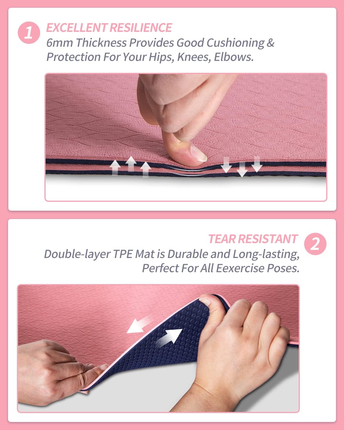 COOLMOON Yoga Mat Non Slip, Anti-Tear 1/4 Thick TPE Yoga Mats for Women and Men, 72"x24" Exercise & Fitness Mat with Carrying Strap, Workout Mats for Yoga, Pilates and Floor Exercise