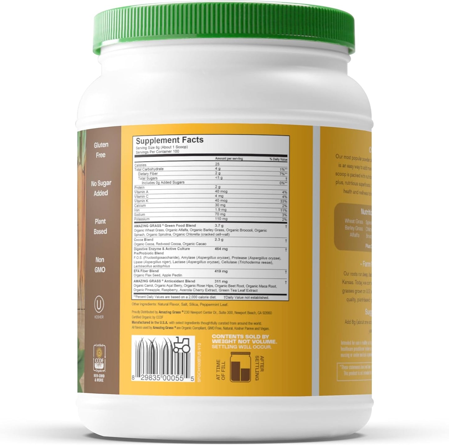 Amazing Grass Greens Superfood Powder: Greens Powder with Digestive Enzymes & Probiotics, Organic Spirulina, Chlorella, and Beet Root Powder, Chocolate, 100 Servings