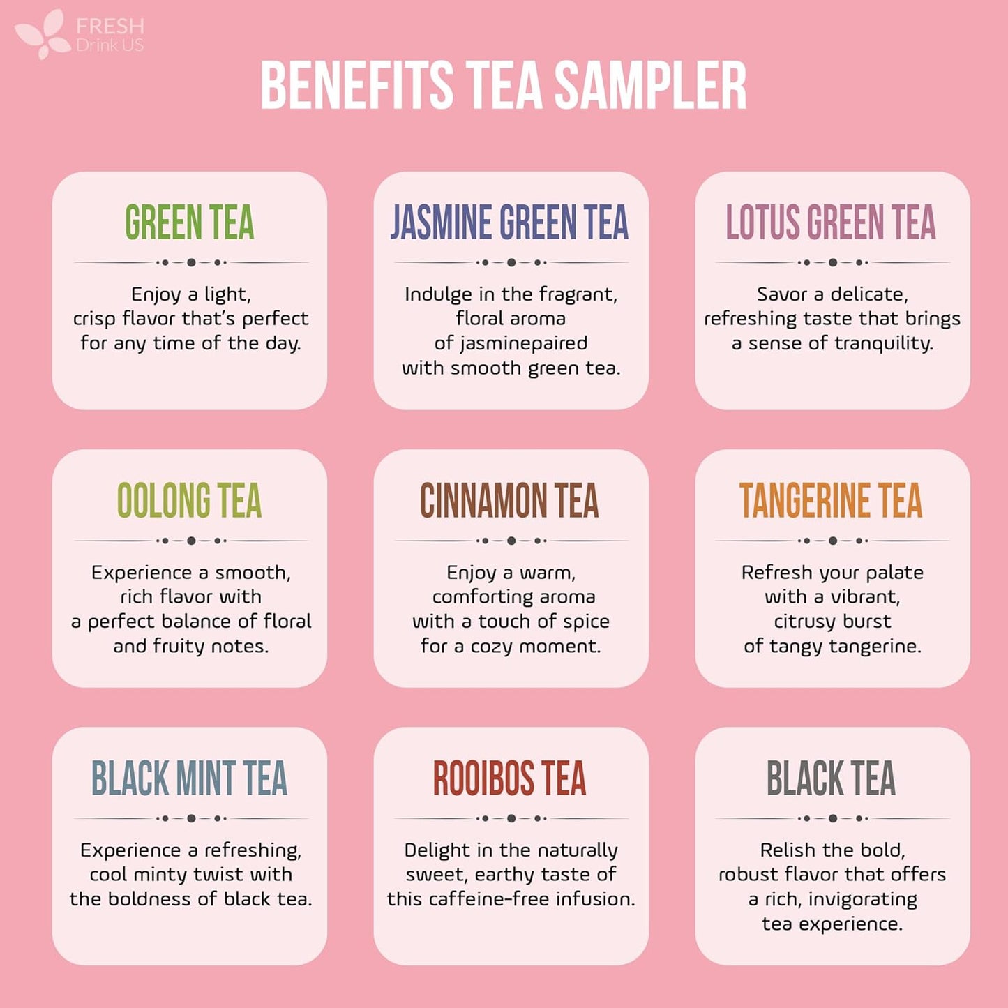 FreshDrinkUS, Premium 90 Tea Bags Sampler Assortment, 9 Different Flavors, 100% Natural Ingredients, Perfect and Well Combination Tea Gift for Tea Lovers, Friends and Family. No Additives, No Gluten, No Sugar, Vegan