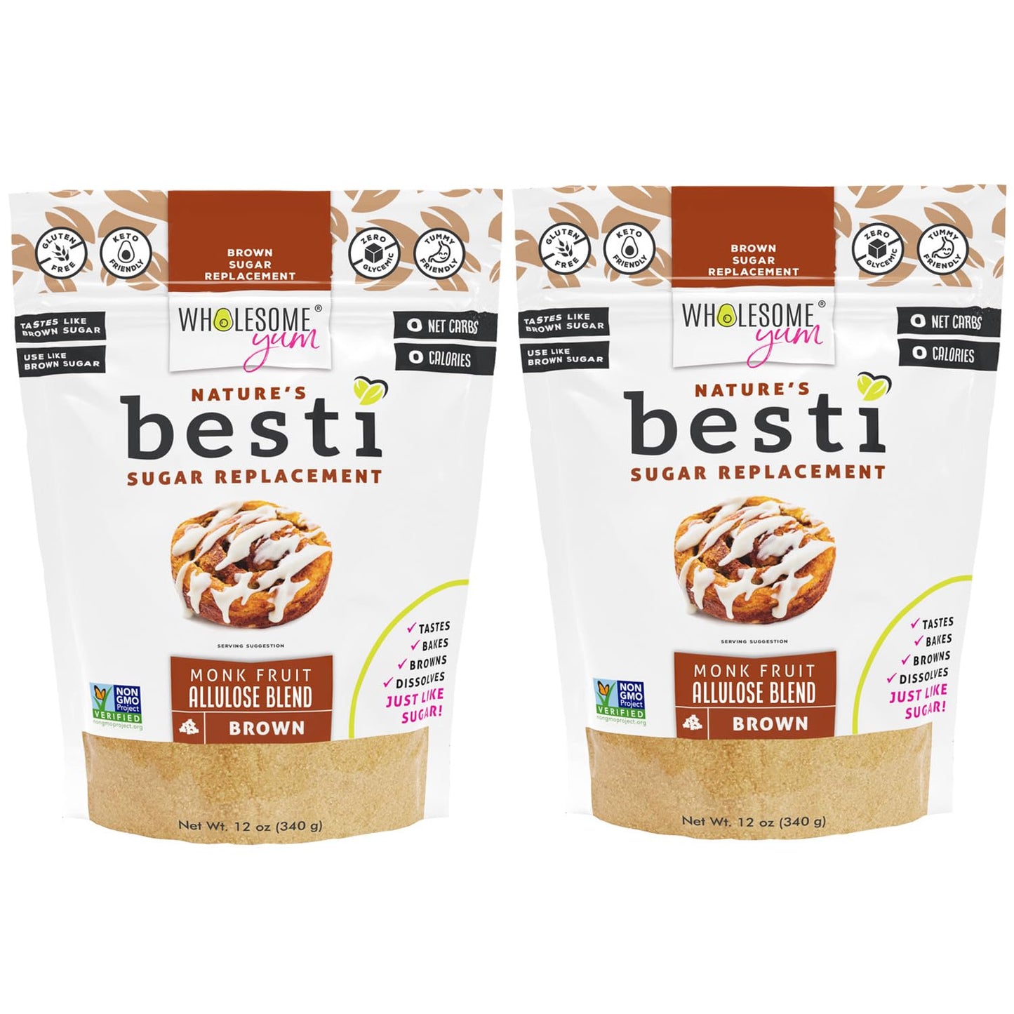 Wholesome Yum Besti Natural Brown Sugar Substitute - Keto Brown Monk Fruit Sweetener Blend With Allulose (No Erythritol) - Non GMO, Zero Carb, Zero Calorie, Sugar Free, No Aftertaste (12 oz, 2 Pack)