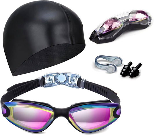Swim Goggles Swimming Goggles No Leaking with Nose Clip, Earplugs, Swim Cap and Case for Men Women