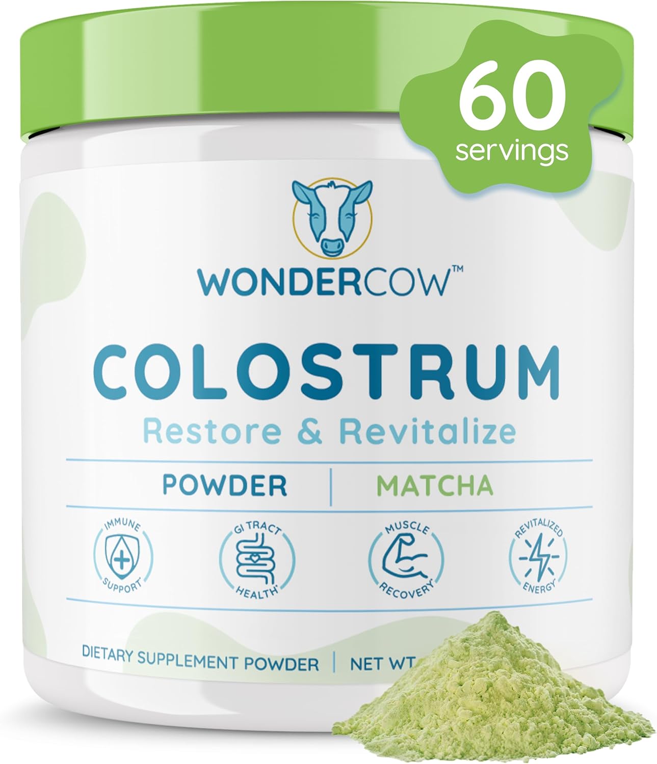 Colostrum Supplement Powder for Gut Health, Immune Support, Muscle Recovery & Wellness | Natural IgG Pure Whole Bovine Colostrum Superfood, Matcha, 60 Servings