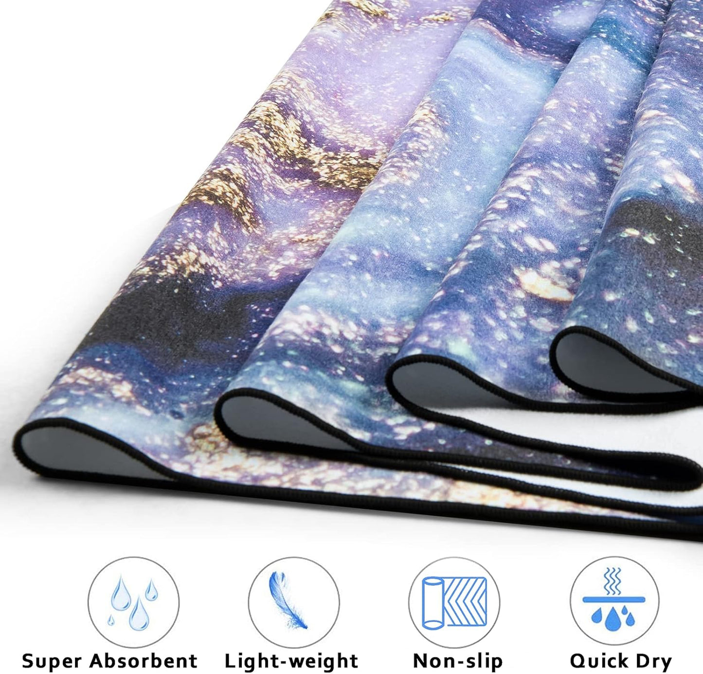 QiyI Yoga Mat Towel with Corner Pockets, Non Slip Sweat Absorbent Hot Yoga Towels, Soft Yoga Blankets with Travel Bag, Skidless Mat Cover for Workout, Gym, Fitness - 74"x26", Purple Gold Marble
