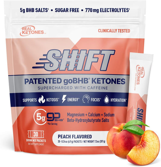 Real Ketones BHB Exogenous Ketones Drink Mix Packets Keto Electrolytes Powder Packets No Sugar with 4 Main Fasting Electrolytes Plus Hydrating Patented Keto BHB - 30 Count Peach Caffeine