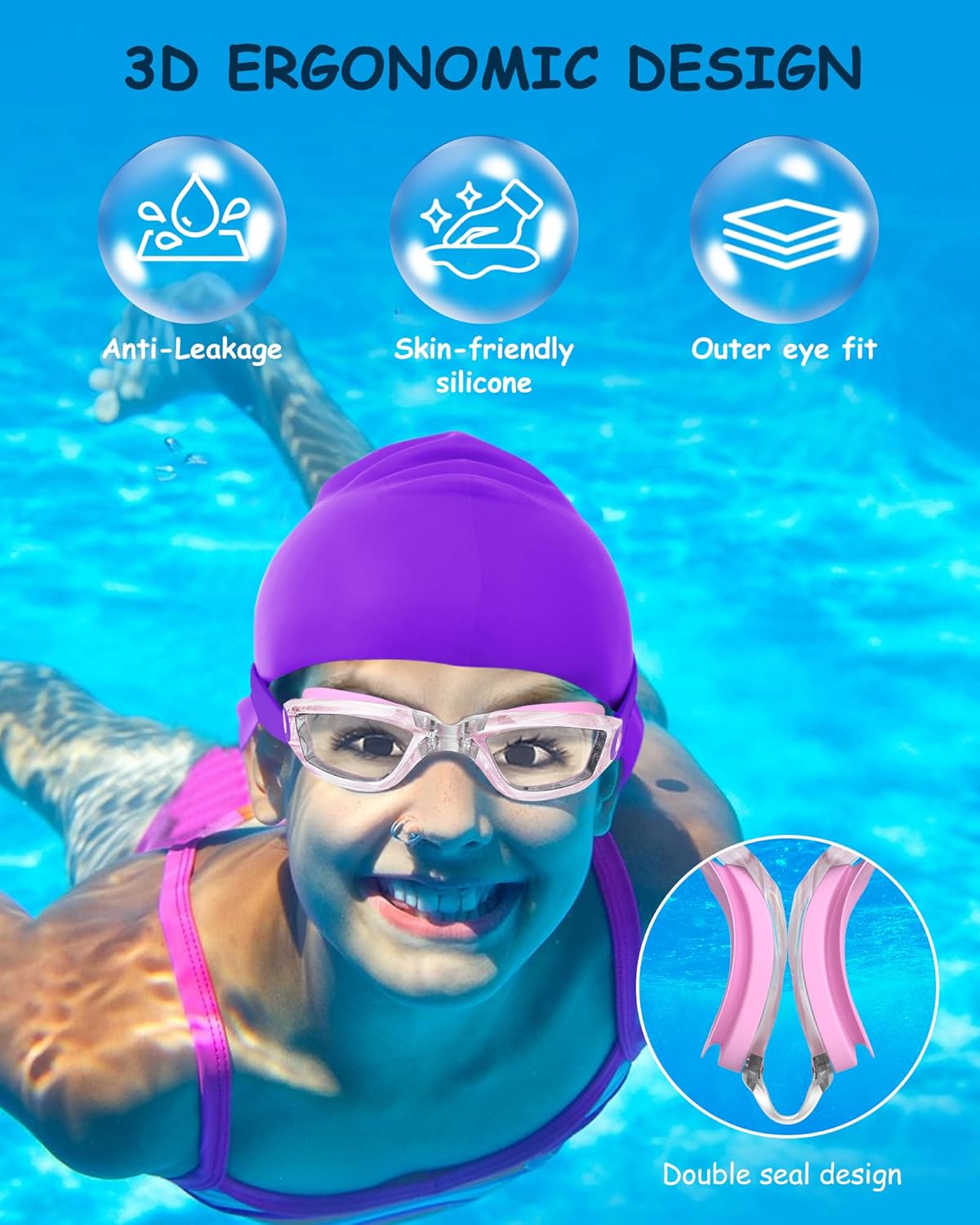 Kids Swim Goggles, Swimming Goggles for Kids Toddlers 3-14 with Swim Cap, Nose Clip, Nose Bridge, Ear Plugs