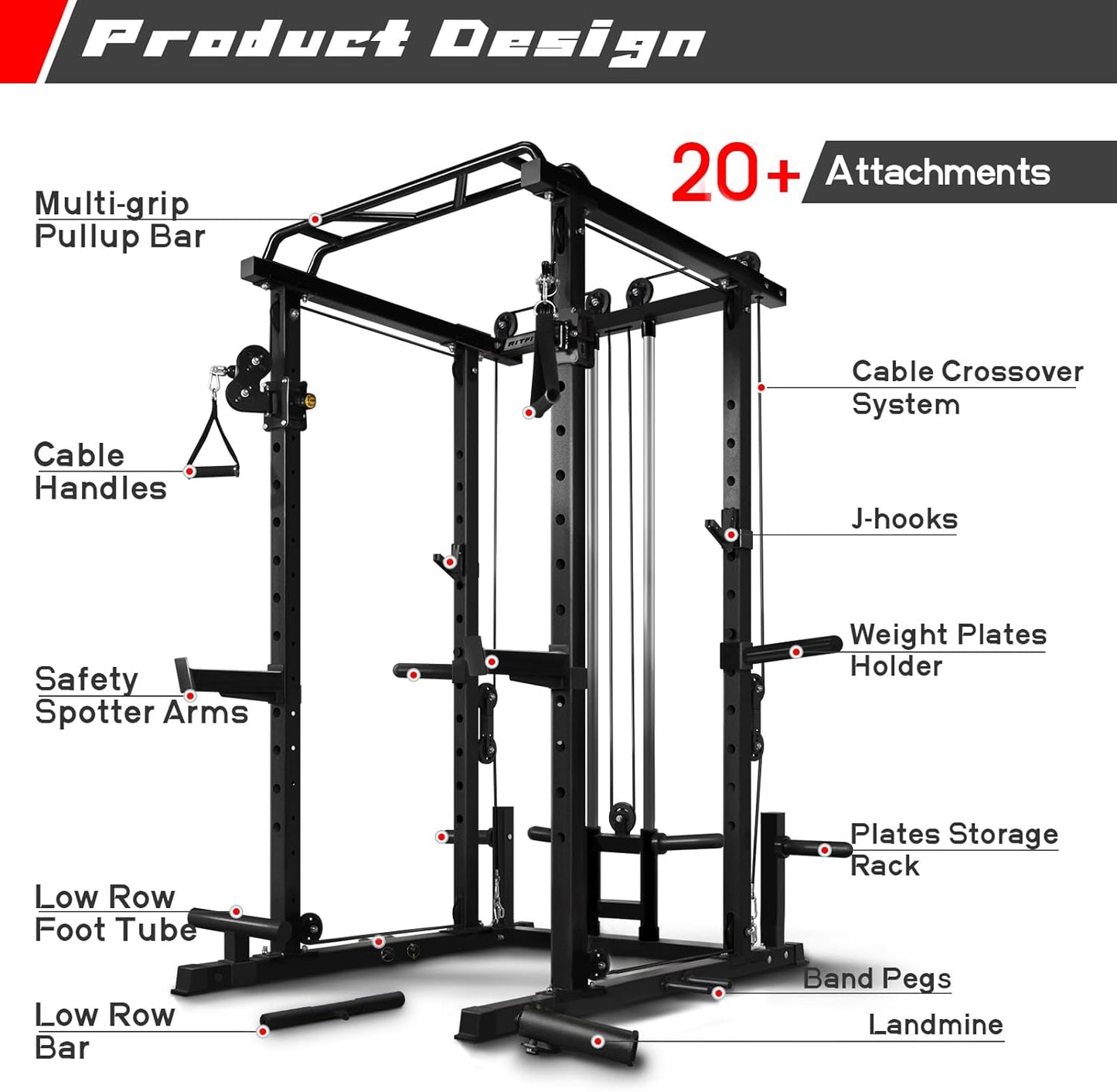 RitFit Power Cage with Optional LAT PullDown/Cable Crossover, 1000LB Squat Rack for Home & Garage Gym, with Weight Storage Rack and More Training Attachments, ASTM-Certified