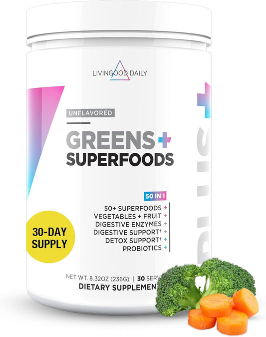 Livingood Daily Greens & Superfood Powder, Super Greens for Gut Health, Green Juice Powder with Spirulina, Chlorella, and Digestive Enzymes, Probiotics for Digestive Support, Unflavored, 30 Servings