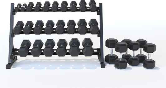 Rubber Hex Dumbbell Set with Rack, 10/12/20 Pair (550/780/1200/1550/2100 lbs total) Weight Rack with Dumbbells, Rubber Coated Dumbbell Set with Rack Stand for Home Gym & Strength Training