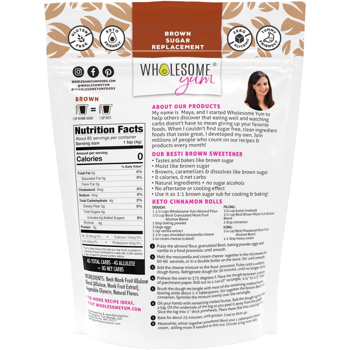 Wholesome Yum Besti Natural Brown Sugar Substitute - Keto Brown Monk Fruit Sweetener Blend With Allulose (No Erythritol) - Non GMO, Zero Carb, Zero Calorie, Sugar Free, No Aftertaste (12 oz)