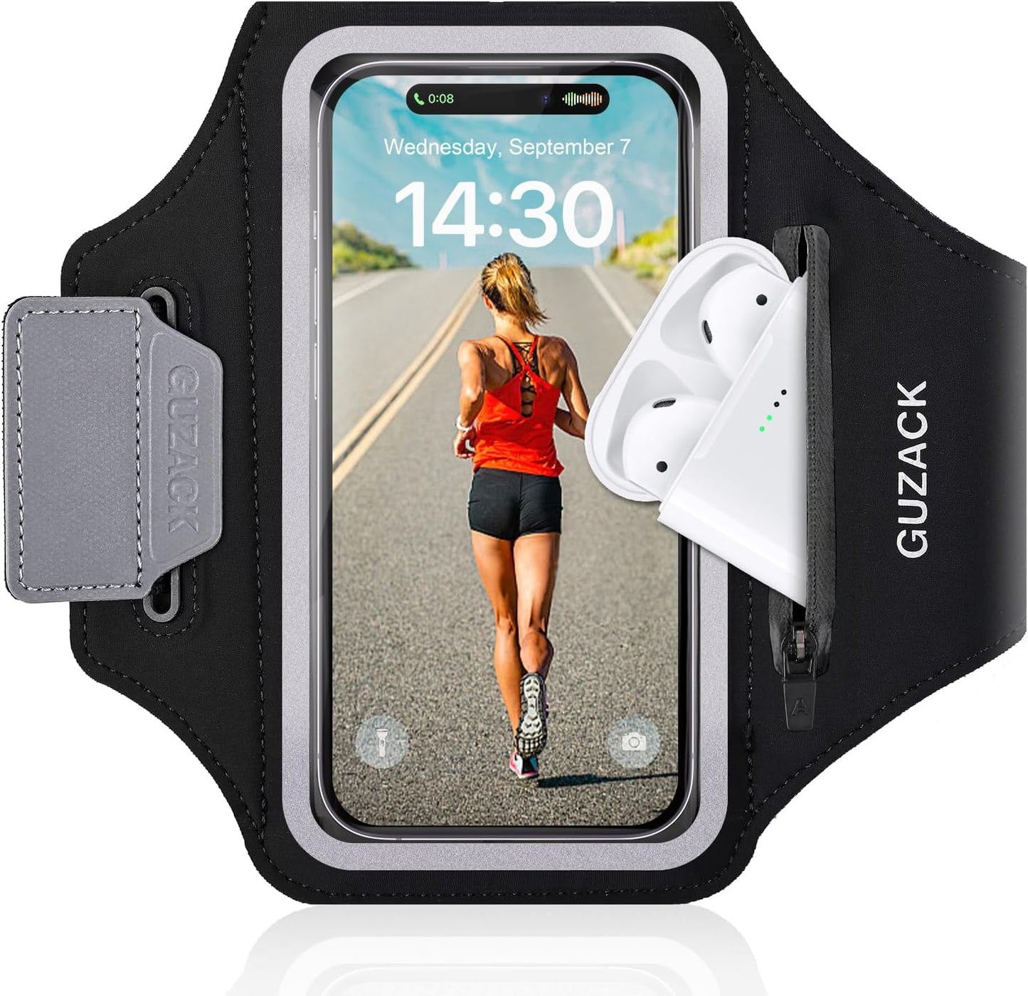 GUZACK Running Phone Holder with Zipper Pouch, Running Armband for iPhone 16 Pro/15/14/13/12/11 Pro Max/Plus/XR/XS, Galaxy S25/S24/S23/S22, Cell Phone Arm Holder with Card Slot - Size S