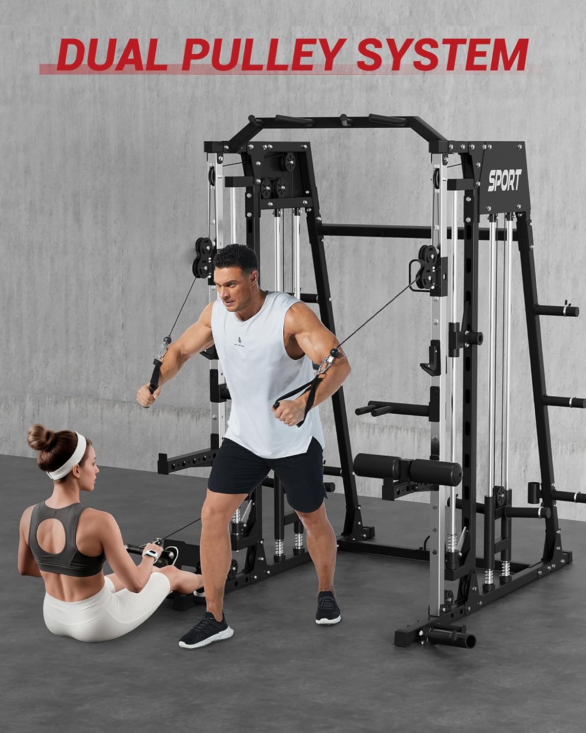 Smith Machine Home Gym, 2200 LBS All in One Squat Rack Power Cage with Smith Bar, Cable Crossover System & LAT-Pull Down System, Training Equipment