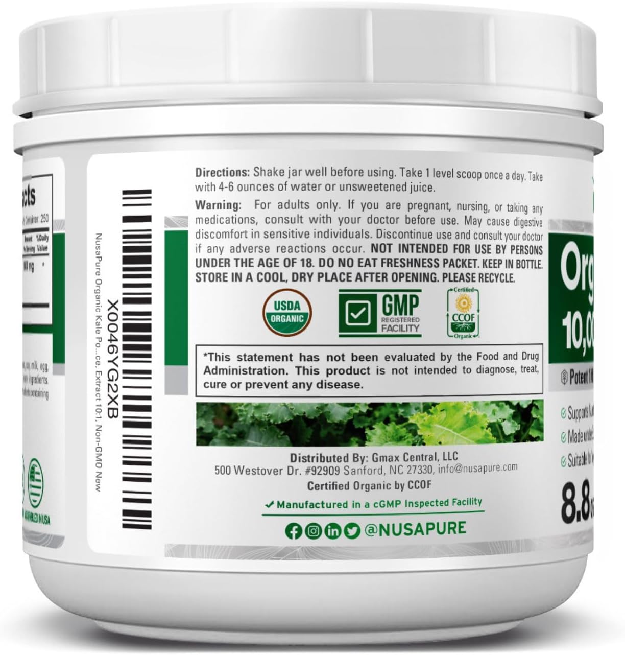 NusaPure Organic Kale Powder 10,000mg per Serving, 8.8 Ounce, Extract 10:1, Non-GMO