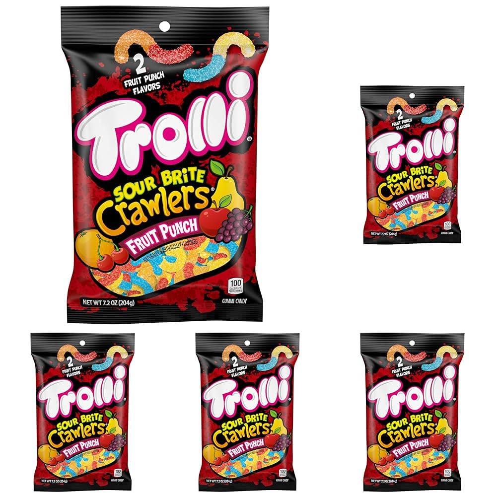 Trolli Sour Brite Crawlers Candy, Fruit Punch Flavored Sour Gummy Worms, 7.2 Ounce (Pack of 5)