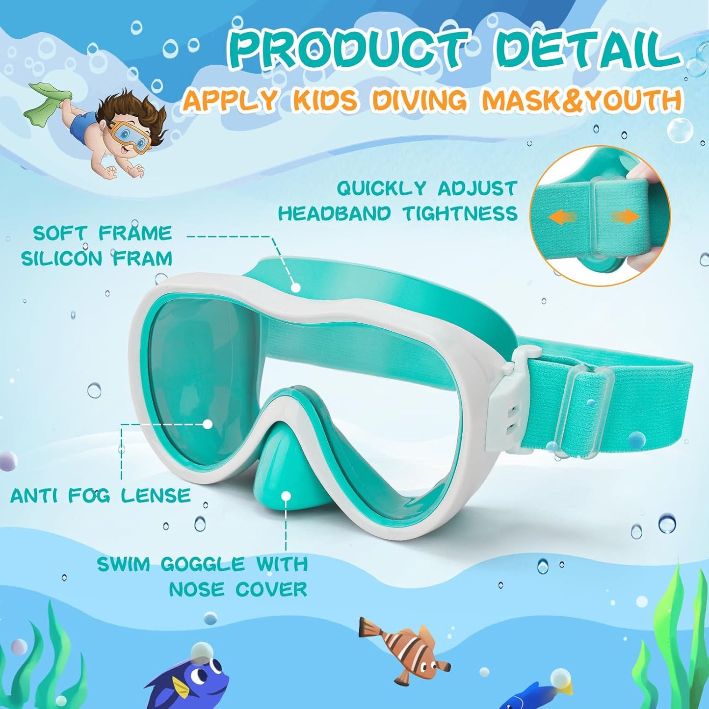 Kids Swim Goggles with Nose Cover, Anti-Leak Swim Mask with Elastic Fabric Strap, UV Protection Swimming Goggles for Kids