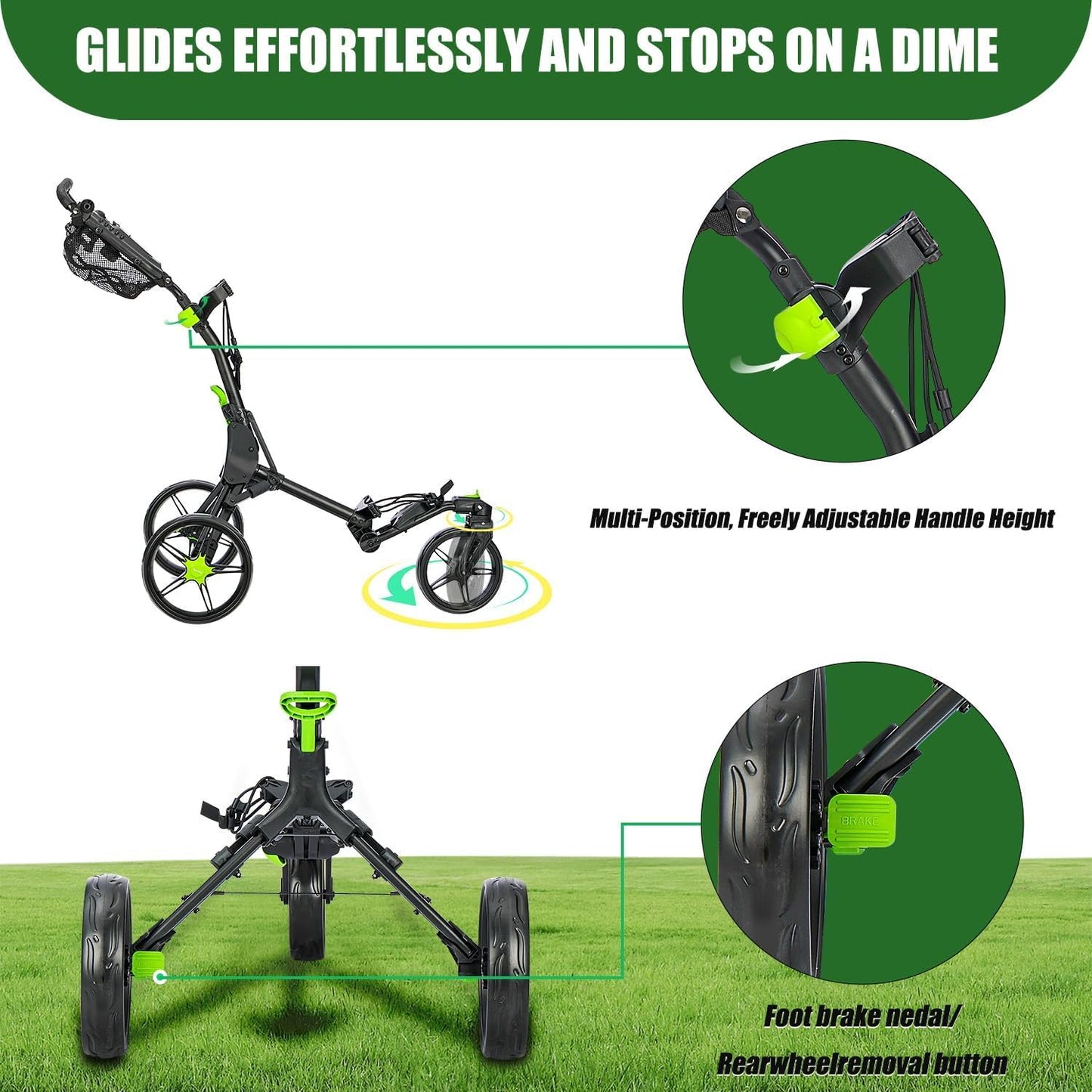 Golf Push Cart Series: 2-Wheel, 3-Wheel, 4-Wheel & 360° Swivel Front Wheel