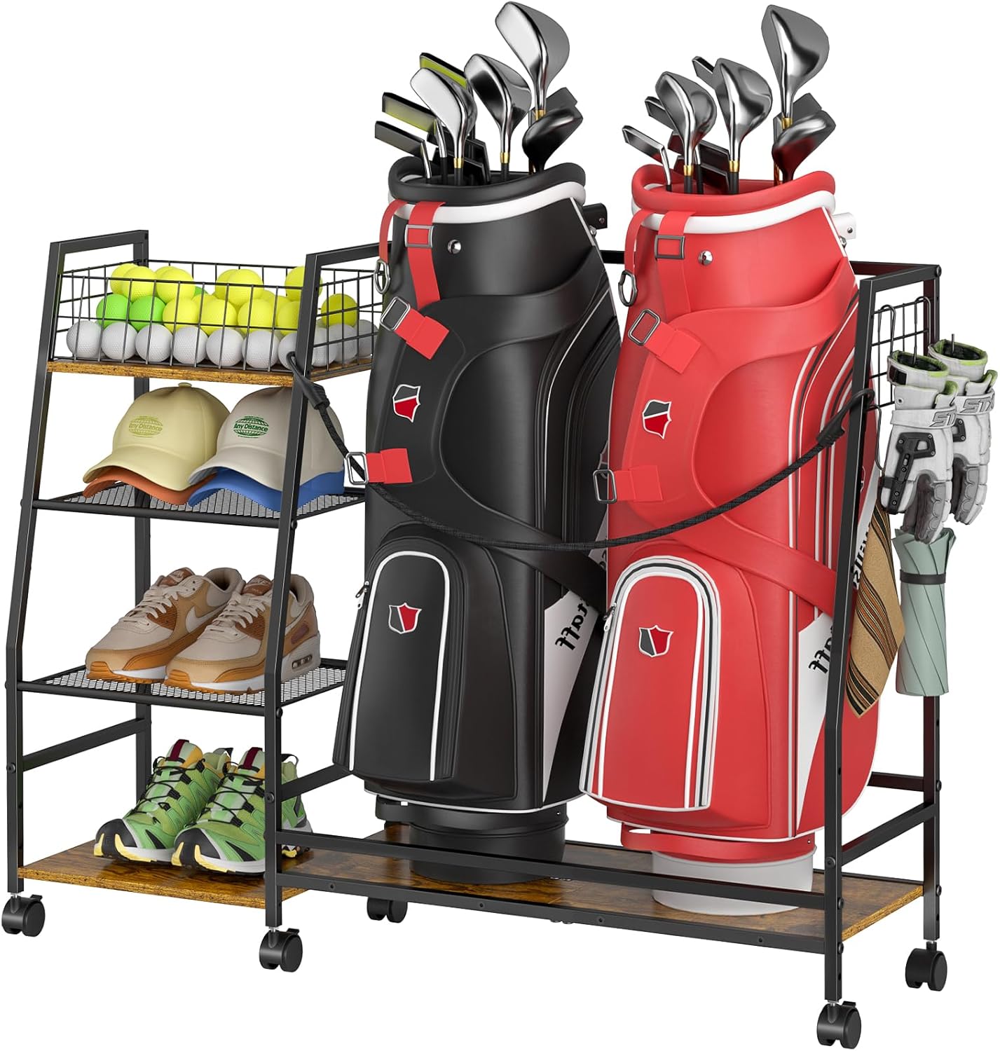 Golf Bag Storage Rack for Garage with Wheels, Organizer for 2 Golf Bag and Equipment Accessories, Golf Organizer Stand Ideal for Home, Garage, Club, Shed, Basement - Sturdy and Durable (Black)