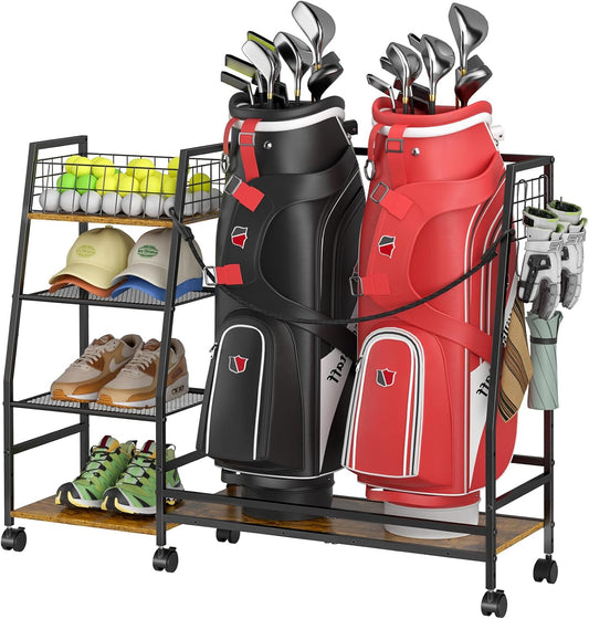 Golf Bag Storage Rack for Garage with Wheels, Organizer for 2 Golf Bag and Equipment Accessories, Golf Organizer Stand Ideal for Home, Garage, Club, Shed, Basement - Sturdy and Durable (Black)