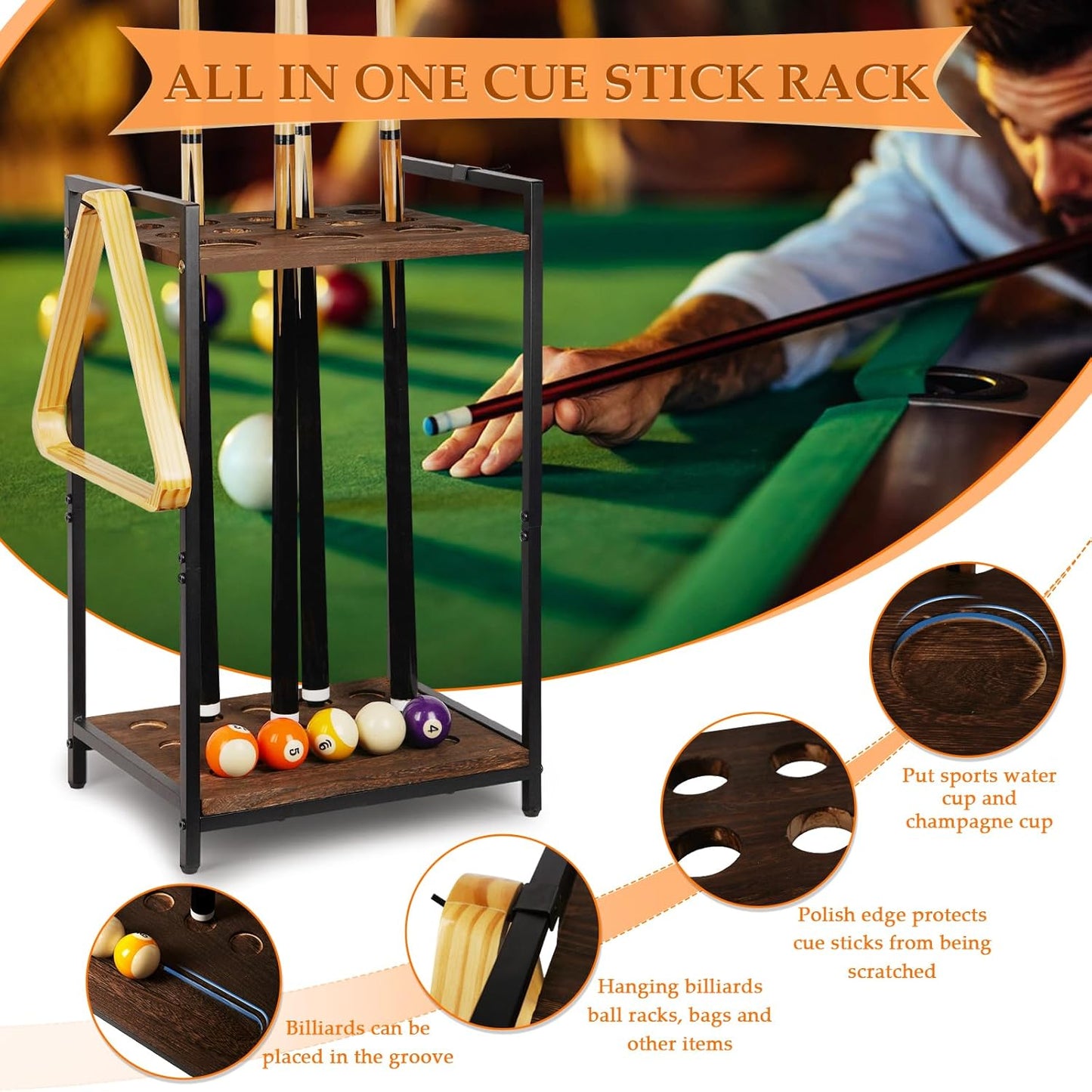 Pool Stick Holder Pool Cue Holder Rack Cue Stick Holder 10 Cues Billiard Cue Racks for Billiard Room Club Pool Table Accessaries (Torched Black 10-Hole)