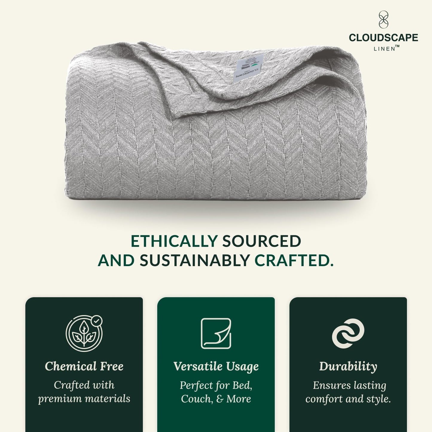 Cloud Scape Linen 100% Cotton Queen Size Blanket, Herringbone Pattern, Lightweight Summer Blanket,Best Gifts for Women, fits Full Size Bed, 92 x 92, Light Grey