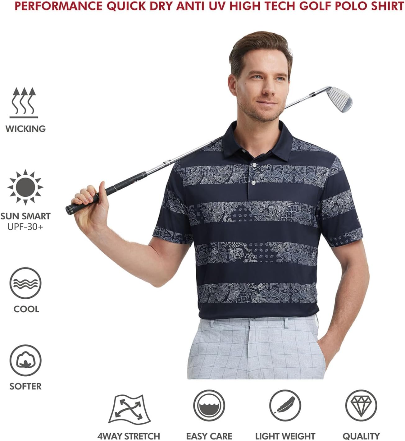 Men's Golf Polo Shirts Short Sleeve Striped Performance Moisture Wicking Dry Fit Golf Shirts for Men