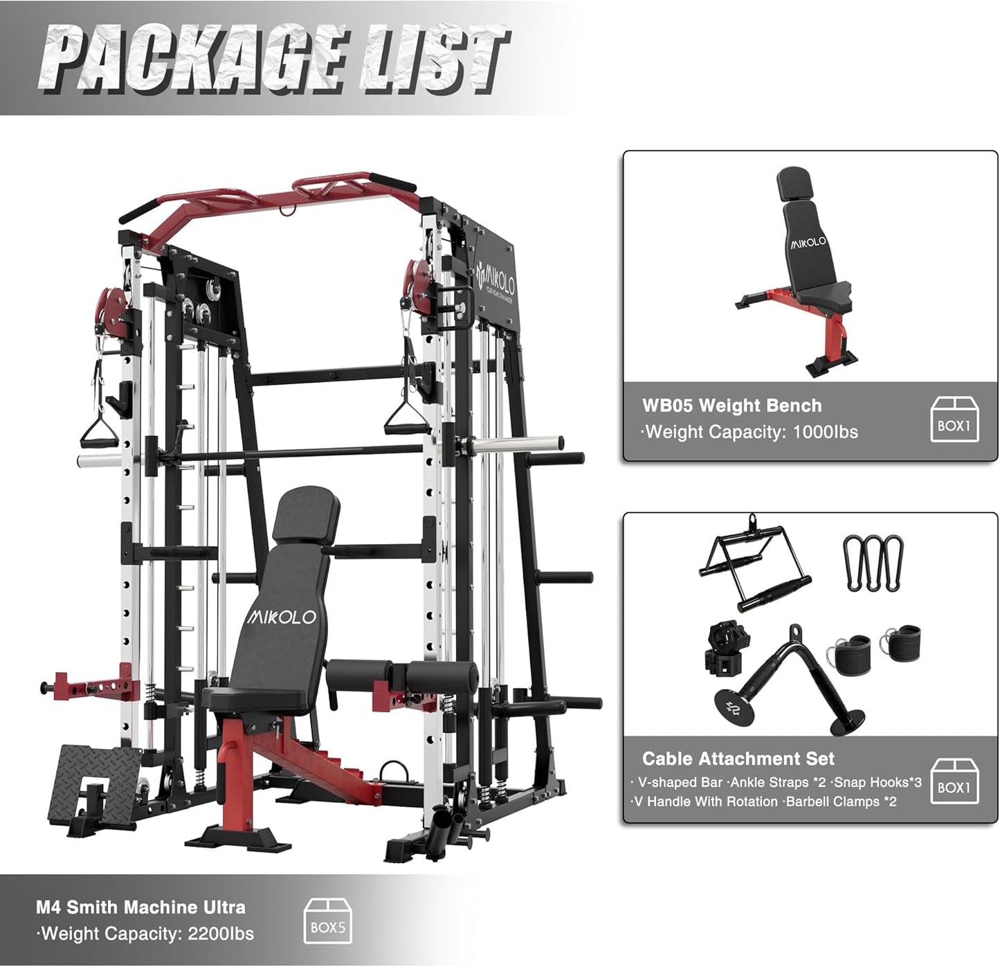 Mikolo Smith Machine, 2200lbs Squat Rack with LAT-Pull Down System & Cable Crossover Machine, Training Equipment with Leg Hold-Down Attachment