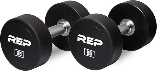 REP Fitness Urethane Coated Round Dumbbells, 5 to 100 lbs, Singles or Pairs, With or Without Rack, Steel Core, Rubber Encased, Chrome Handles, Professional Weights for Home Gym Strength Training