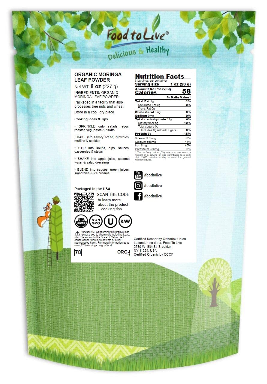 Food to Live Organic Moringa Powder, 8 Ounces – Rich in, Non-GMO, Ground Moringa Oleifera Leaf, Raw, Sun-Dried, Vegan, Bulk, Great for Drinks, Teas and Smoothies