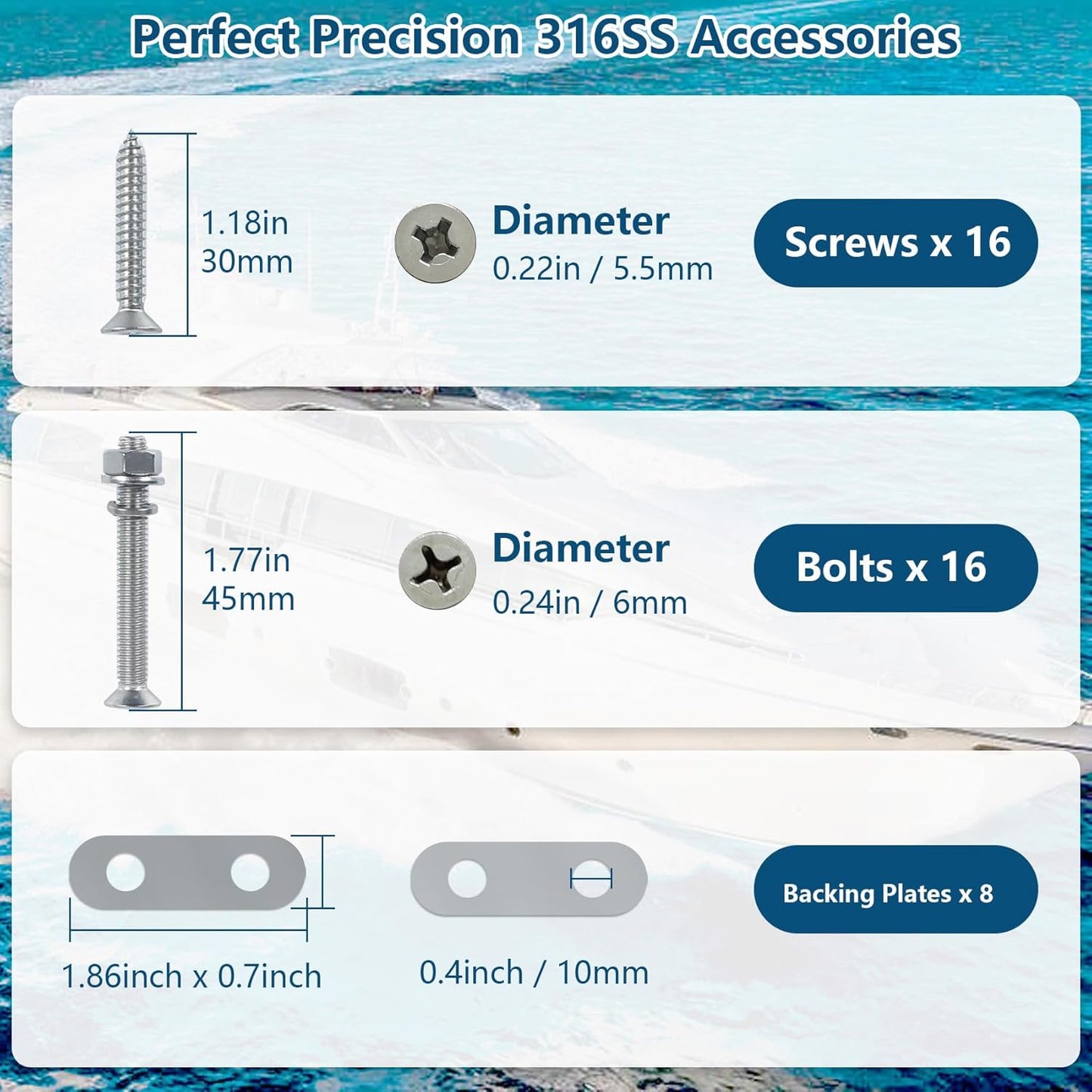 Boat Cleat 6 Inch 316 Stainless Steel, Dock Cleat 8 Inch Heavy Duty Open Base Include Screws, Boat Dock Cleats 10 Inch with Backing Plate for Boats, Kayak, Marine, Deck and Decor(2,4,6 Pack)