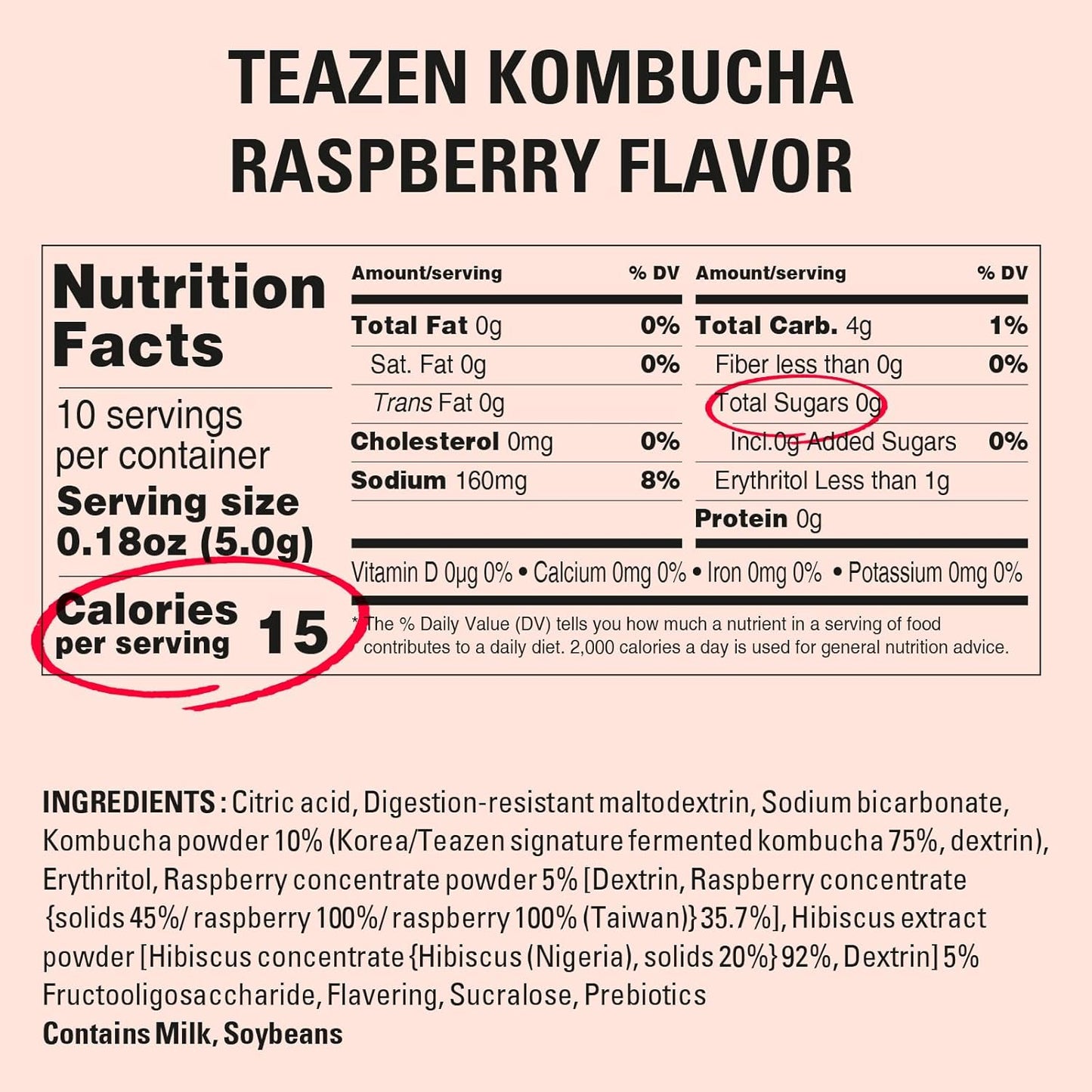 TEAZEN Raspberry Kombucha Tea, Hydration Drink Mix, Sugar Free, Live Probiotics & Prebiotics, 10 Sticks, 1.76oz