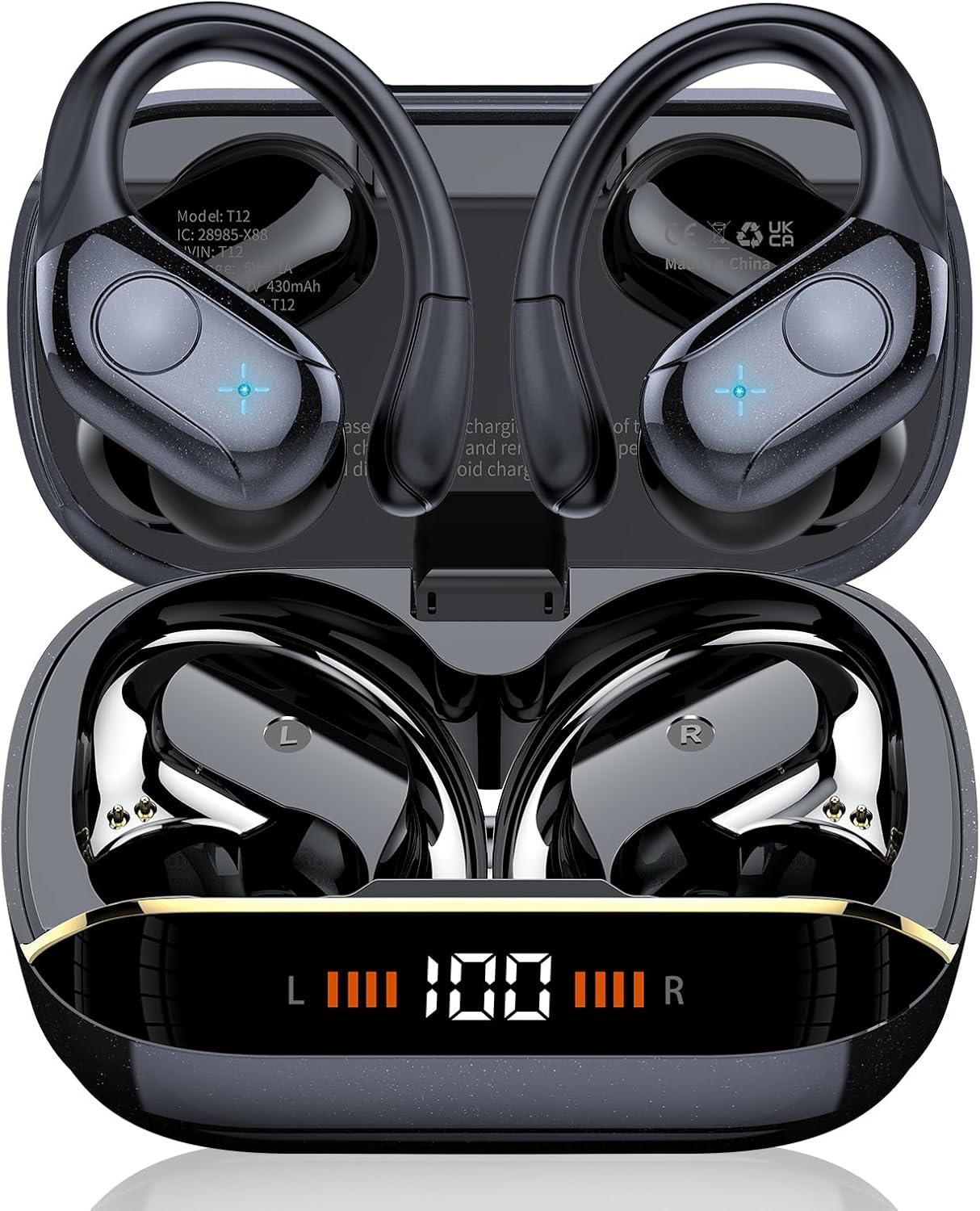 Wireless Earbuds Bluetooth 5.4 Headphones Sports, 75H Stereo Deep Bass Over Ear Buds with Earhooks, Bluetooth Earbuds with 4 ENC Mic, LED Display, IP7 Waterproof Earphone for Running, Black