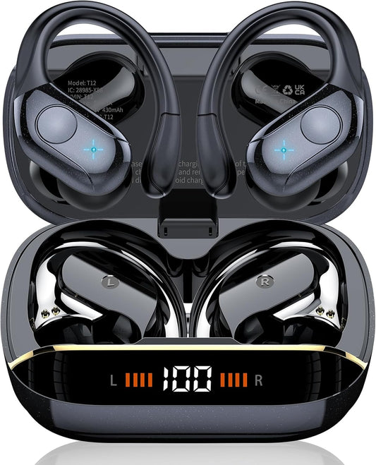 Wireless Earbuds Bluetooth 5.4 Headphones Sports, 75H Stereo Deep Bass Over Ear Buds with Earhooks, Bluetooth Earbuds with 4 ENC Mic, LED Display, IP7 Waterproof Earphone for Running, Black